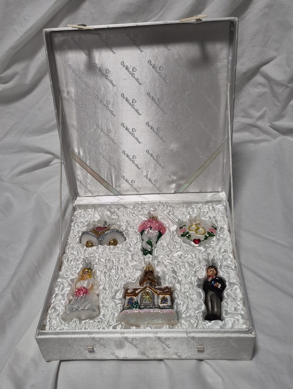 Old World Christmas Wedding Ornament Gift Set - White and Pink